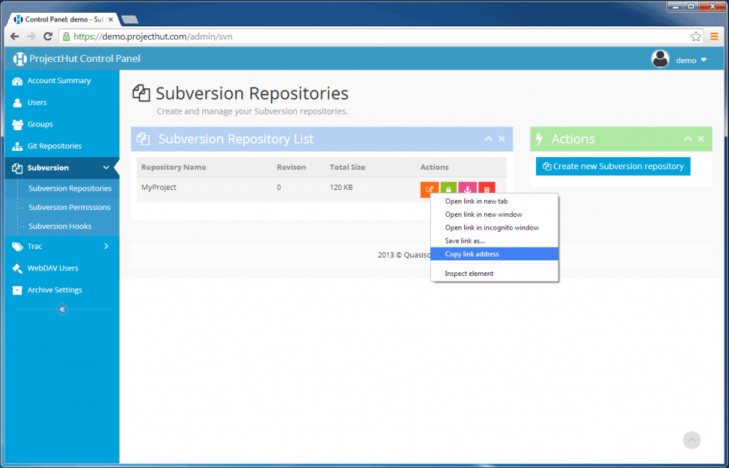 Right-click to get the SVN repository URL